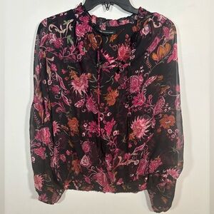 INC Black Pink Floral Sheer Long Sleeve Peasant Blouse Size L